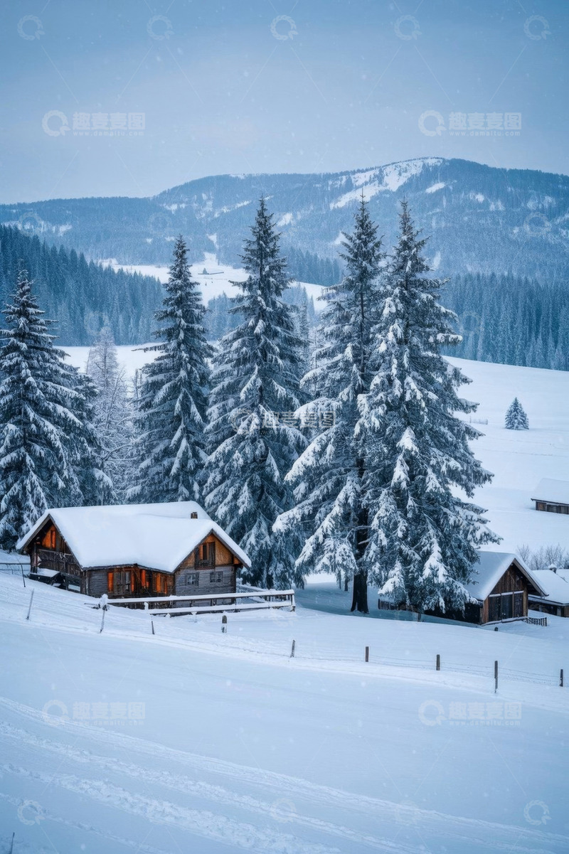 高清大图下载【趣麦麦图】雪覆盖的山林木屋风景