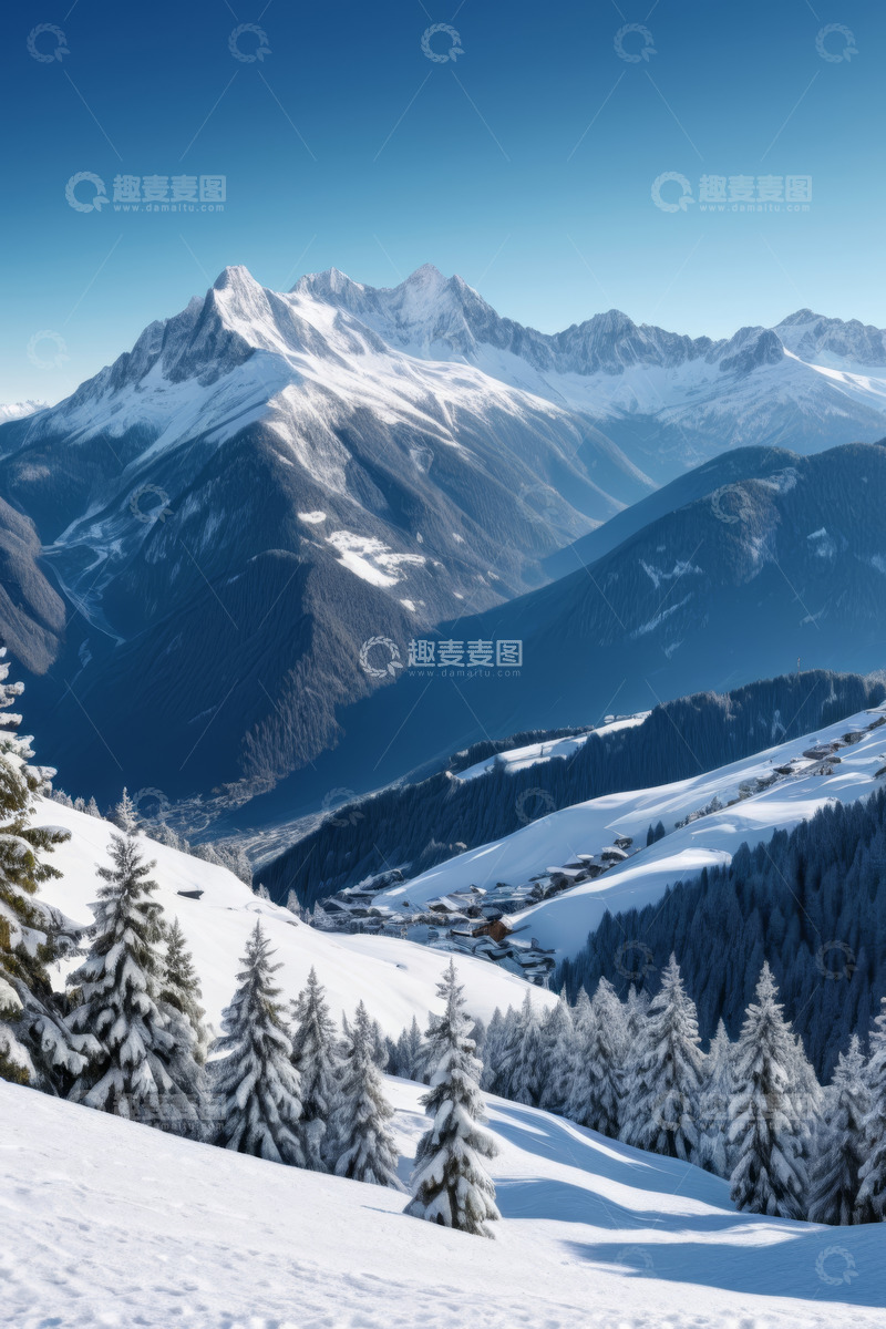 高清大图下载【趣麦麦图】雪山下的森林雪景