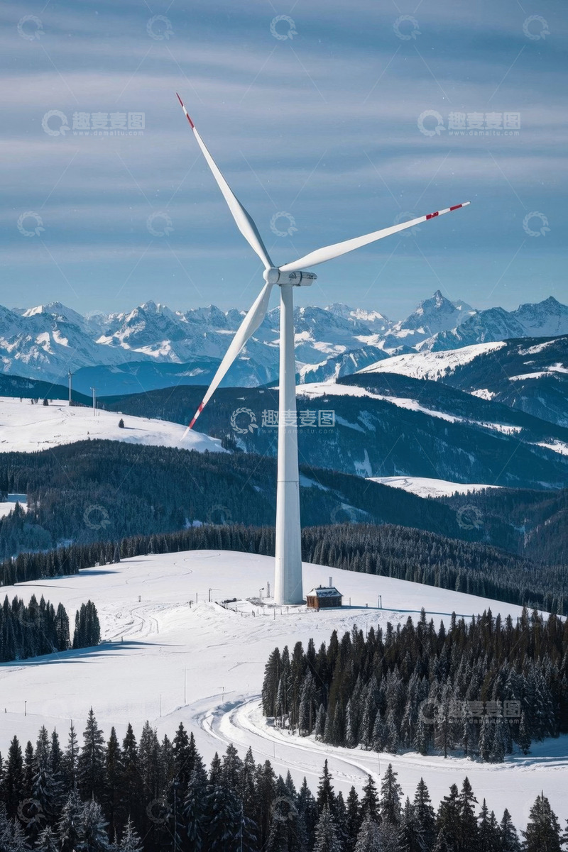 高清大图下载【趣麦麦图】雪山间的风力发电机景观