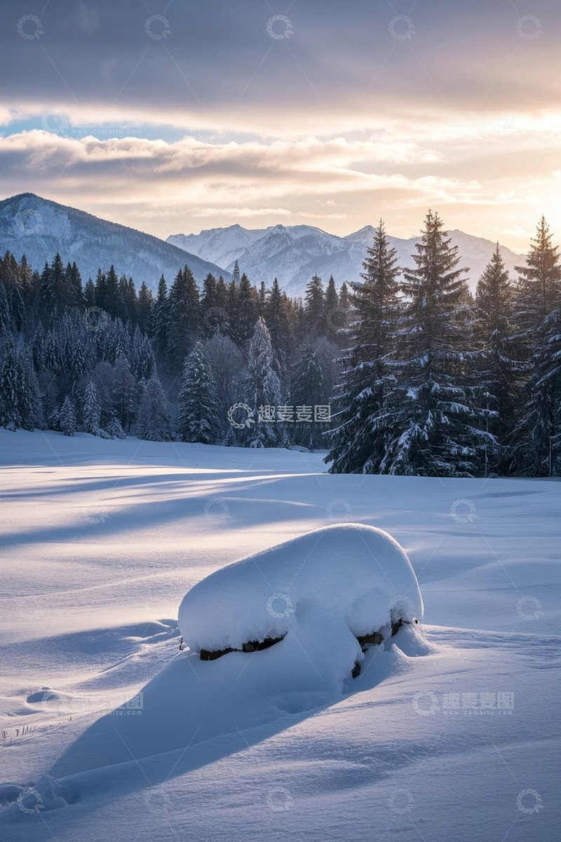 高清大图下载【趣麦麦图】冬日雪覆盖的山林景色