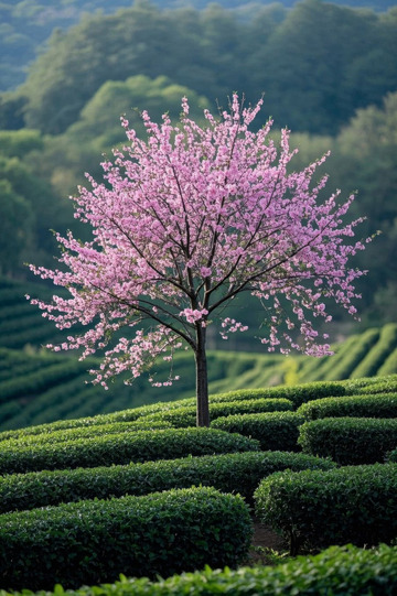茶园中盛开的粉色樱花树