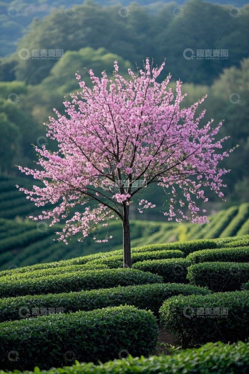 高清大图下载【趣麦麦图】茶园中盛开的粉色樱花树