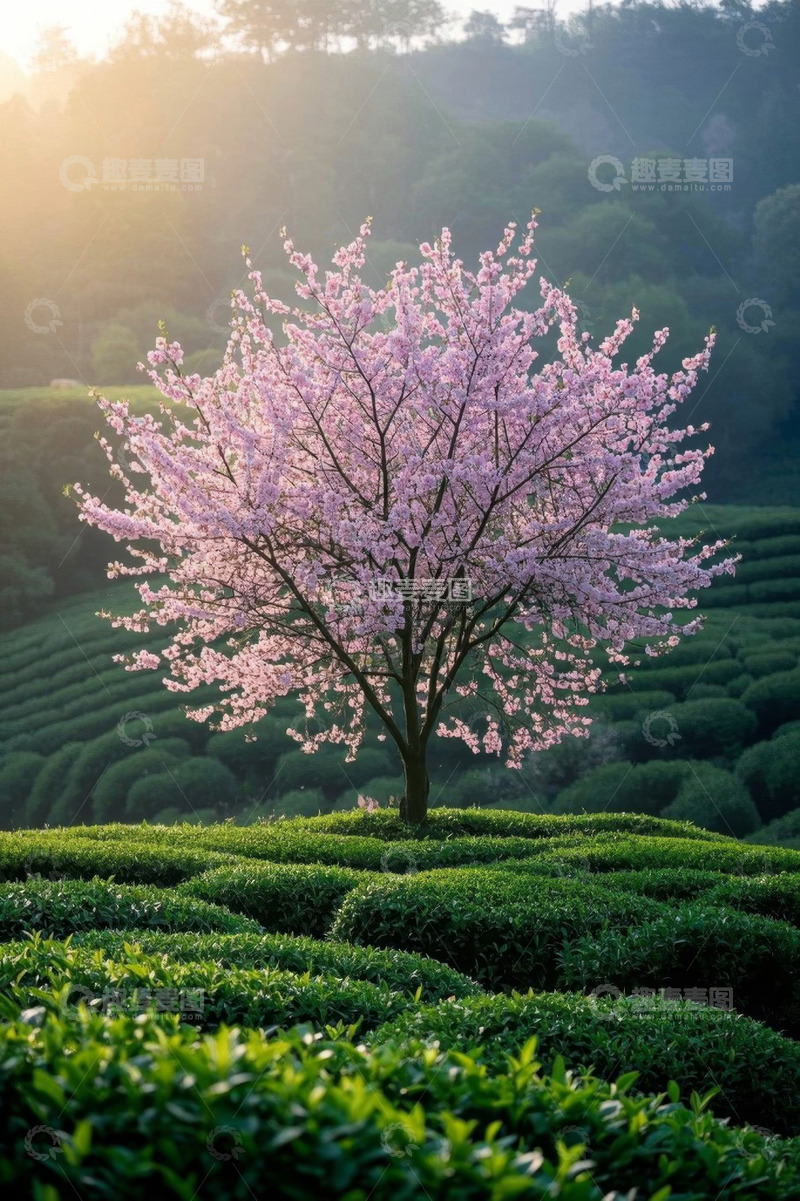 高清大图下载【趣麦麦图】茶园中盛开的樱花树