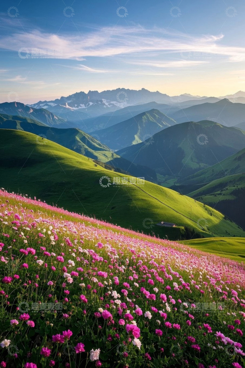 高清大图下载【趣麦麦图】山坡花海与远处山脉景观