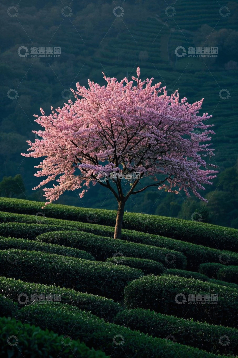 高清大图下载【趣麦麦图】茶园中的盛开樱花树