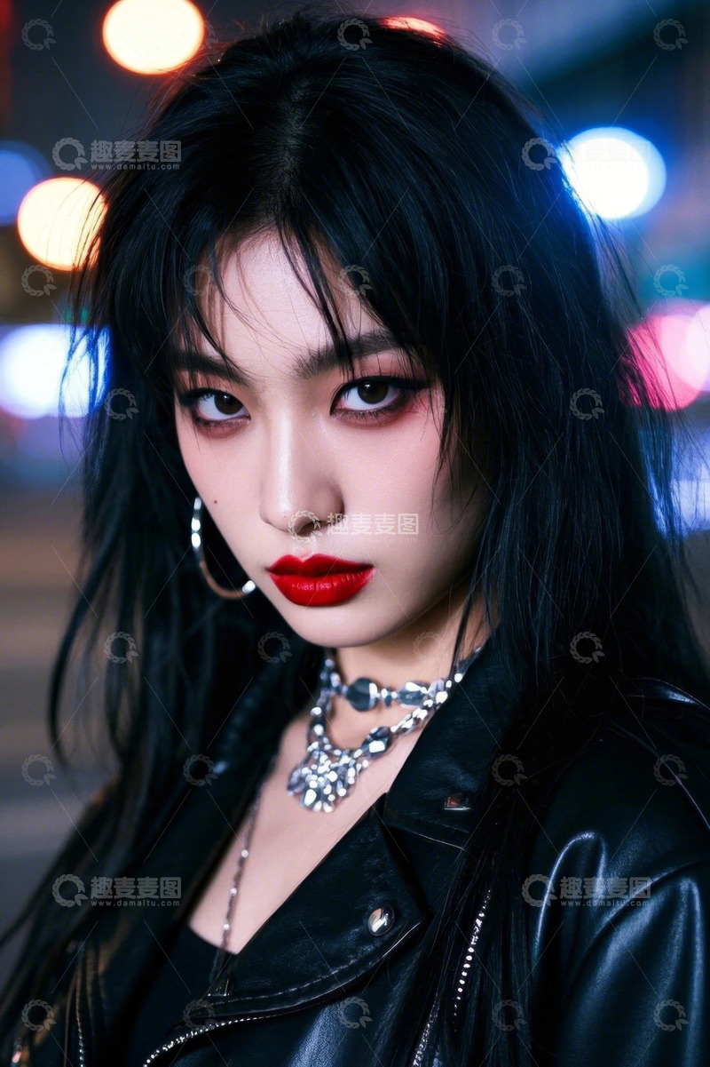 高清大图下载【趣麦麦图】酷女孩黑色皮衣夜景写真