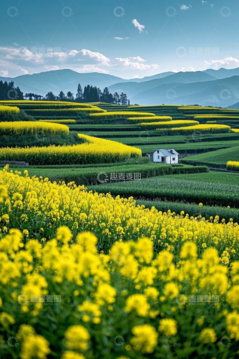 高清大图下载【趣麦麦图】田野间的油菜花海与小屋