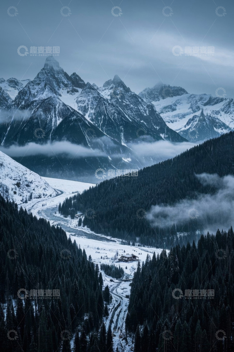 高清大图下载【趣麦麦图】雪山森林自然景观俯瞰图