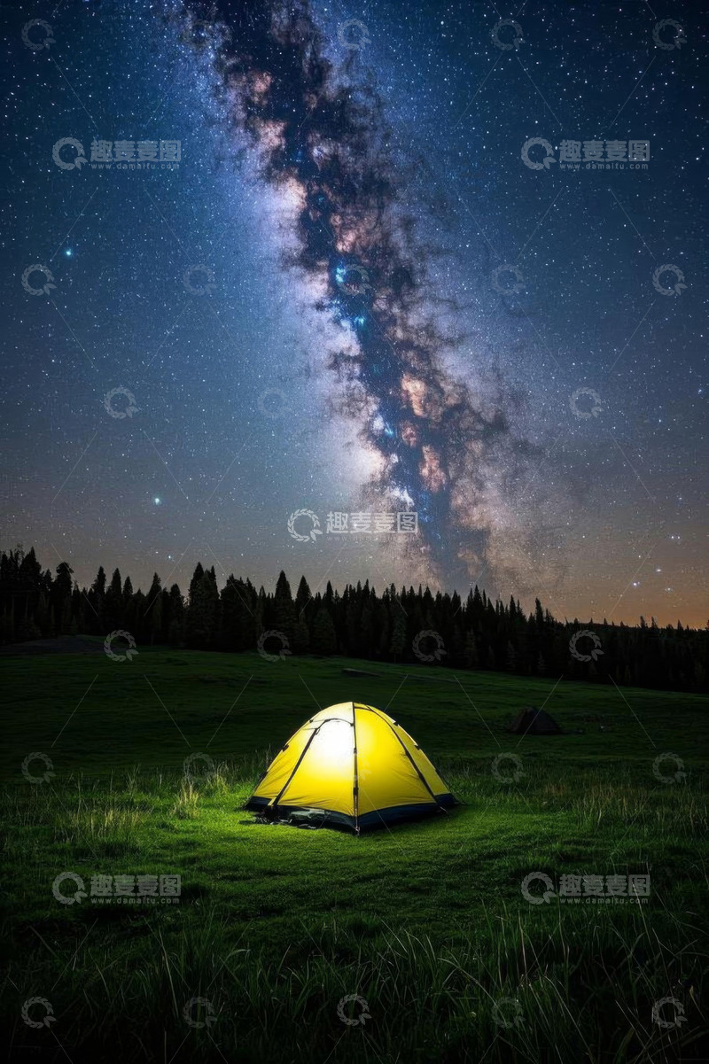 高清大图下载【趣麦麦图】草地露营帐篷与星空夜景