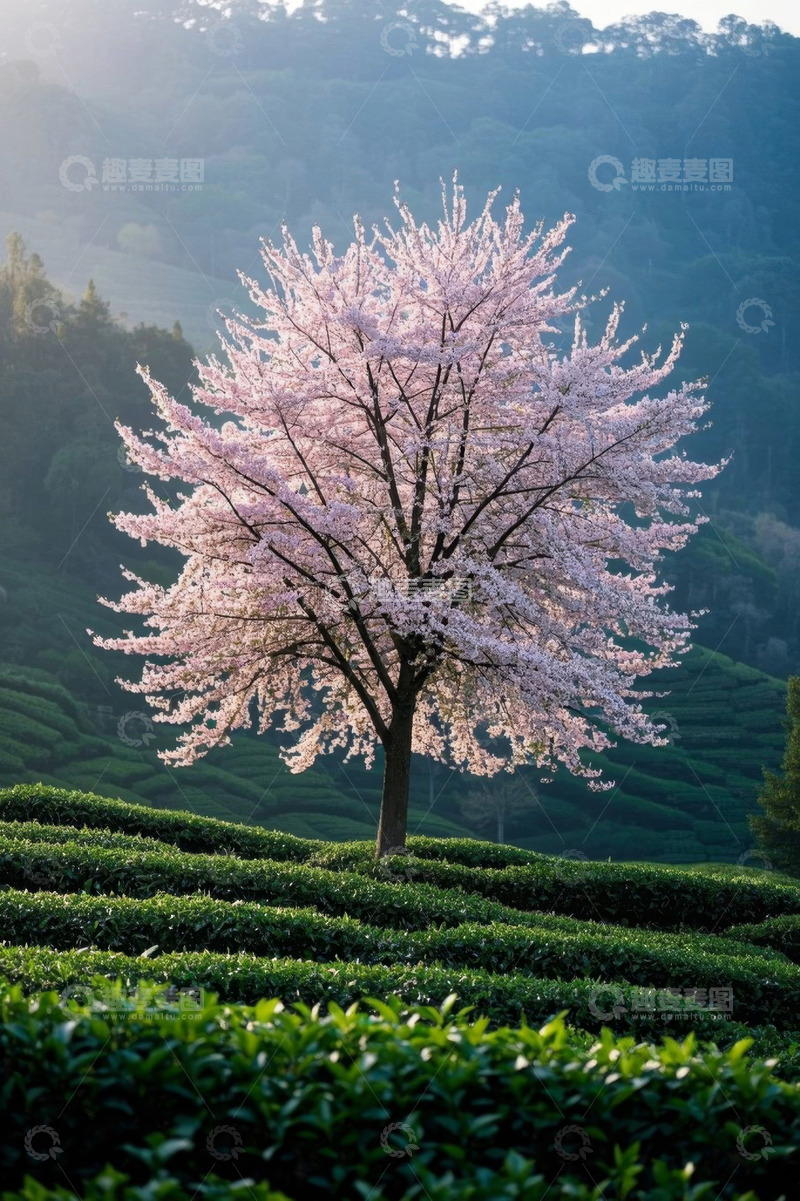 高清大图下载【趣麦麦图】茶园中的盛开樱花树