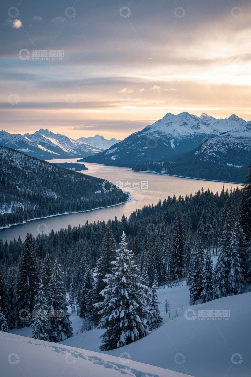高清大图下载【趣麦麦图】雪后山林湖泊自然风光