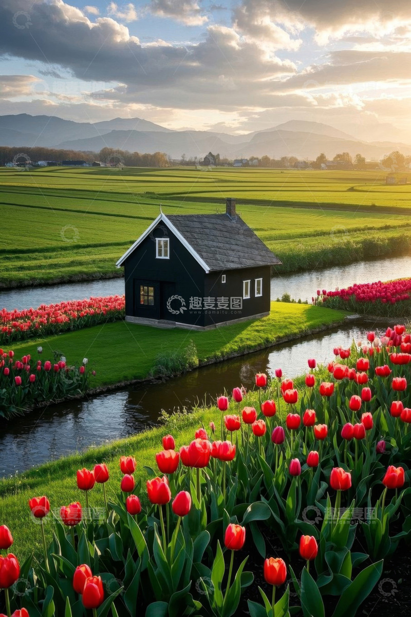 高清大图下载【趣麦麦图】荷兰田园小屋旁的郁金香花田
