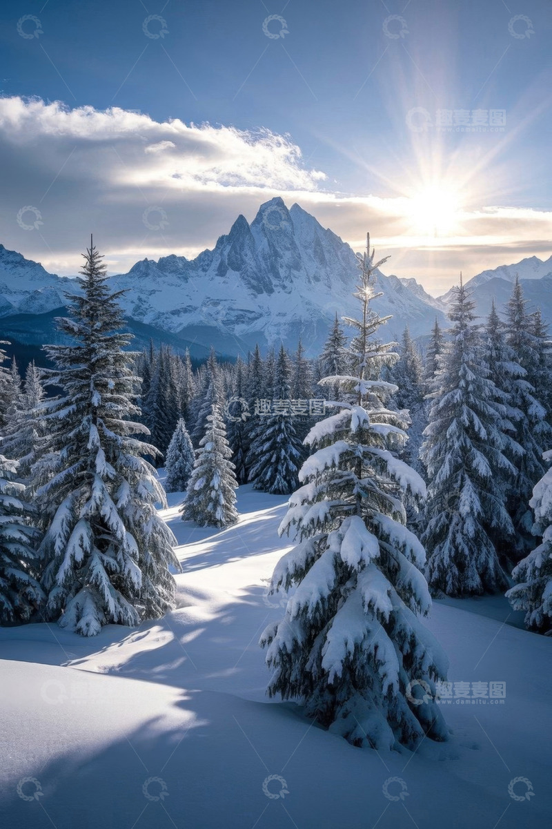 高清大图下载【趣麦麦图】雪覆山林与远处雪山景观