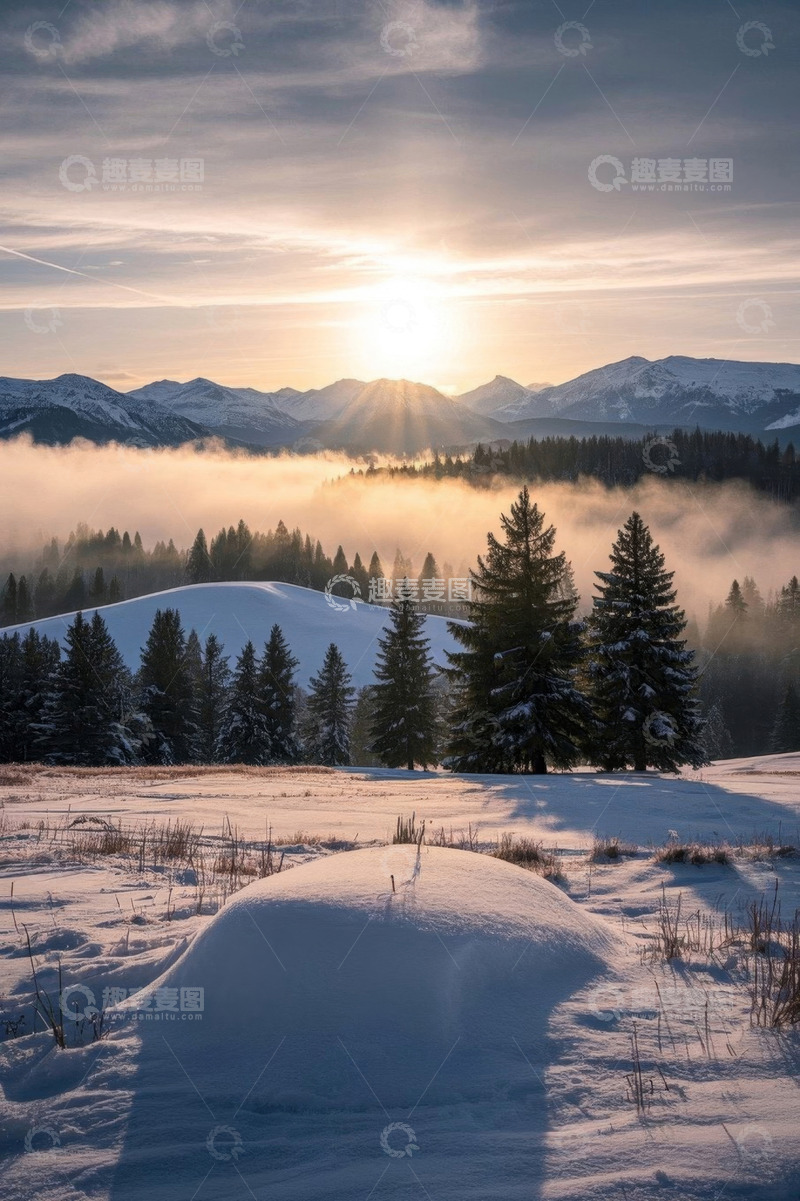 高清大图下载【趣麦麦图】雪山森林冬日日出景象