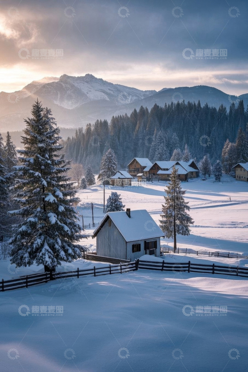 高清大图下载【趣麦麦图】冬日雪中山村风景