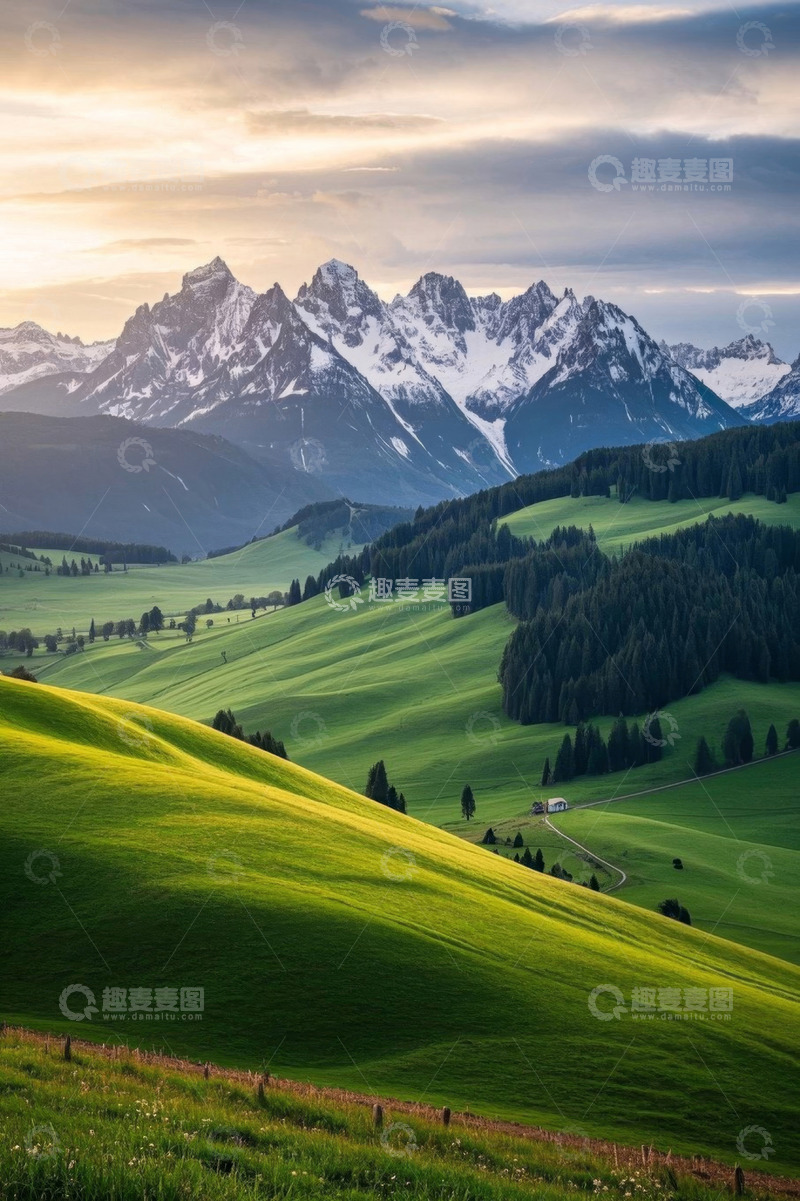 高清大图下载【趣麦麦图】户外绿色山坡与远处雪山风景