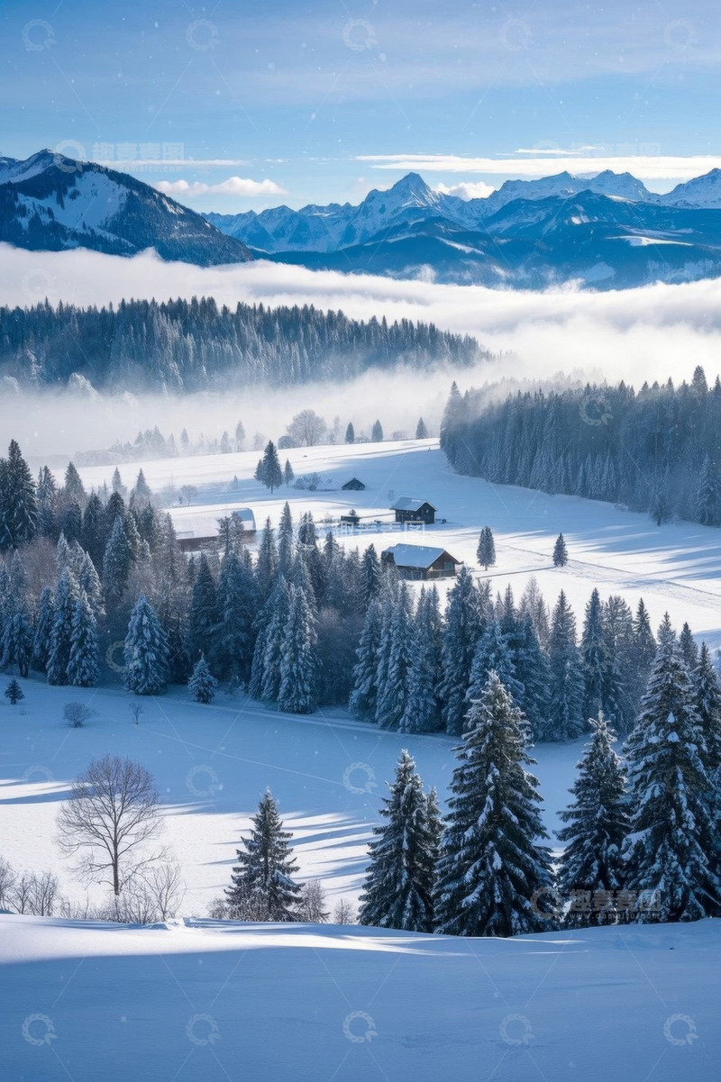 高清大图下载【趣麦麦图】冬日雪山森林雪景全景