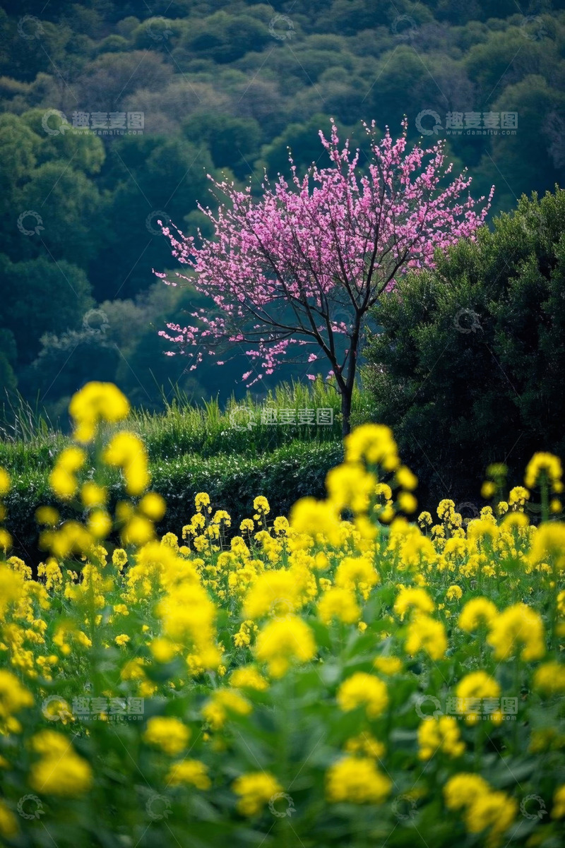 高清大图下载【趣麦麦图】油菜花田与盛开粉花树风景