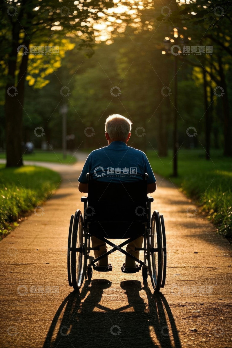 高清大图下载【趣麦麦图】夕阳下轮椅上的老人背影