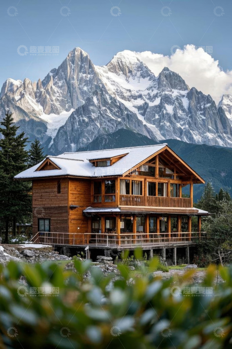 高清大图下载【趣麦麦图】雪山下的木质度假小屋