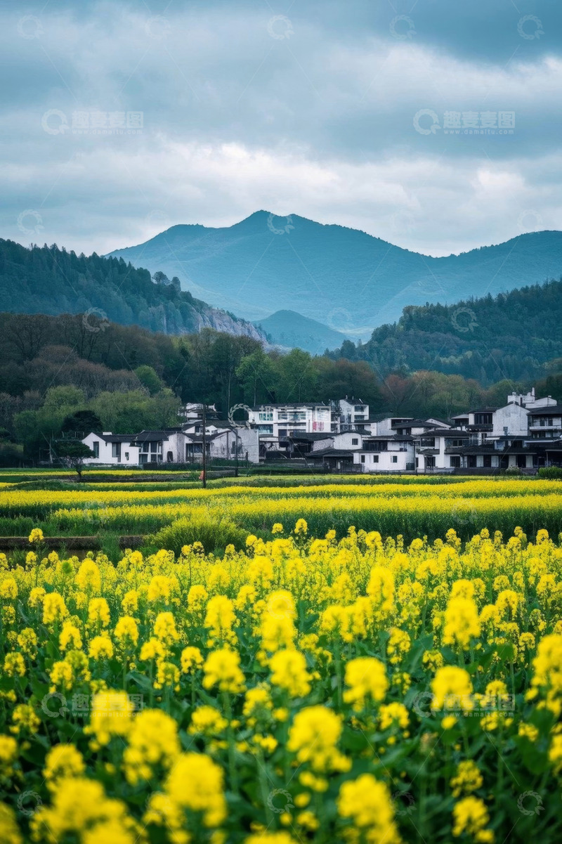 高清大图下载【趣麦麦图】乡村油菜花田与远山民居景致