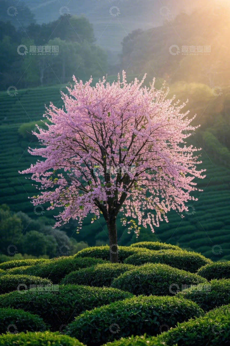 高清大图下载【趣麦麦图】茶园中绽放的粉色樱花树