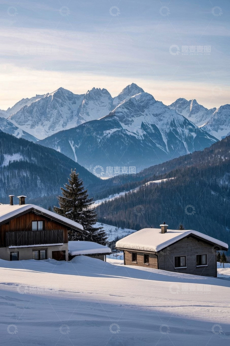 高清大图下载【趣麦麦图】雪山下被雪覆盖的山间小屋