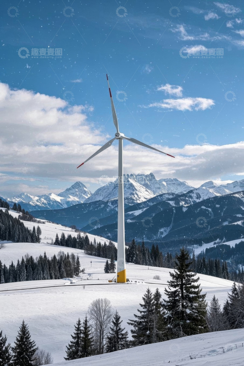 高清大图下载【趣麦麦图】雪山中的风力发电机