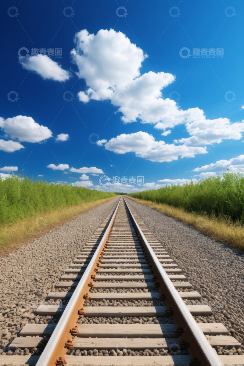 高清大图下载【趣麦麦图】蓝天白云下的铁路轨道