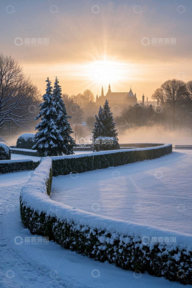 高清大图下载【趣麦麦图】冬日雪景中带建筑的自然风光