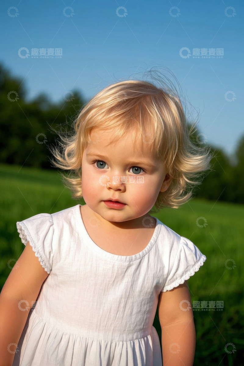 高清大图下载【趣麦麦图】金发小女孩穿着白裙在田野里