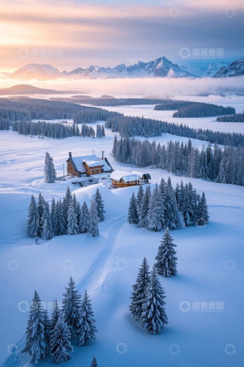 高清大图下载【趣麦麦图】雪中山间木屋与森林景观