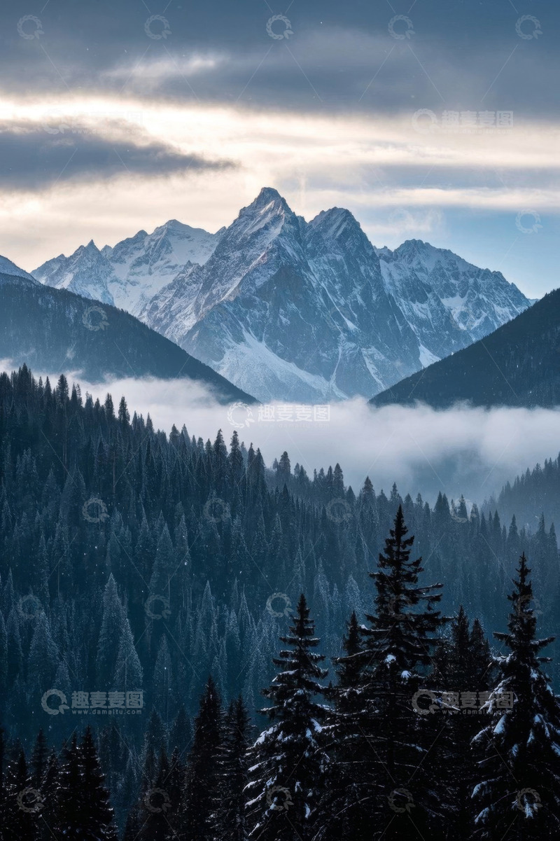 高清大图下载【趣麦麦图】雪山下的森林风景
