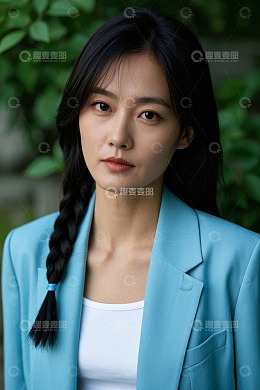 美女穿着蓝色西装外套侧颜照