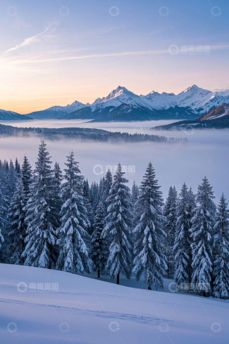 高清大图下载【趣麦麦图】雪覆山林与远山的自然景观