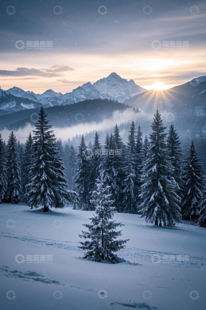高清大图下载【趣麦麦图】雪后山林日出自然风光