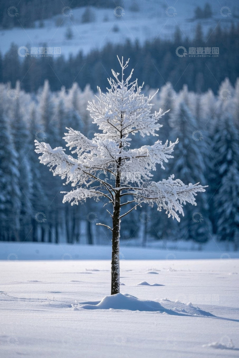 高清大图下载【趣麦麦图】雪地中覆雪树木与森林景观