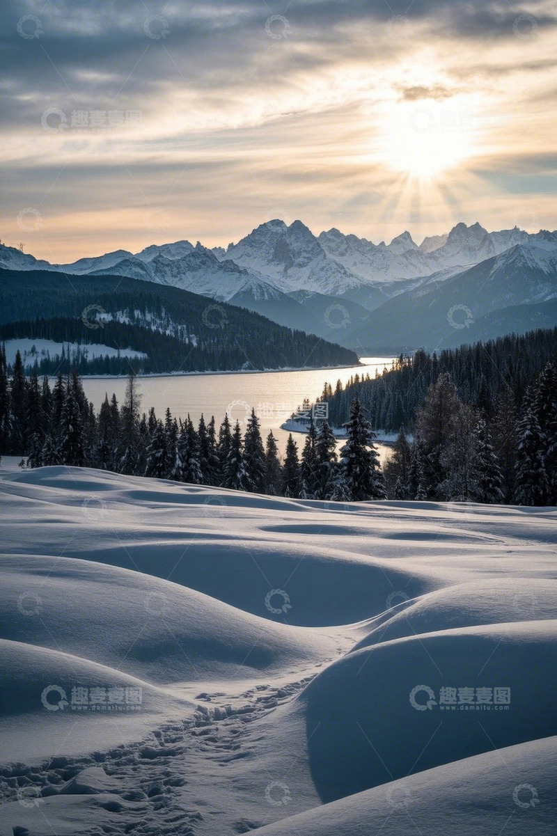 高清大图下载【趣麦麦图】雪覆山林间的湖泊与远山景色