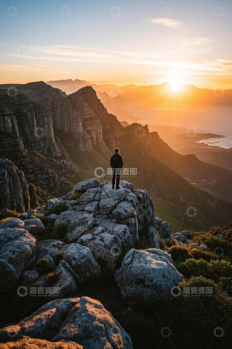 高清大图下载【趣麦麦图】开普敦山顶人物观日落景象