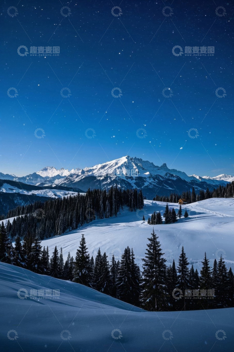 高清大图下载【趣麦麦图】雪山星空下的森林雪景