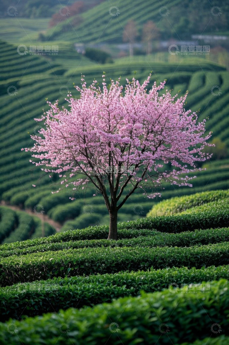 高清大图下载【趣麦麦图】茶园中盛开的粉色樱花树