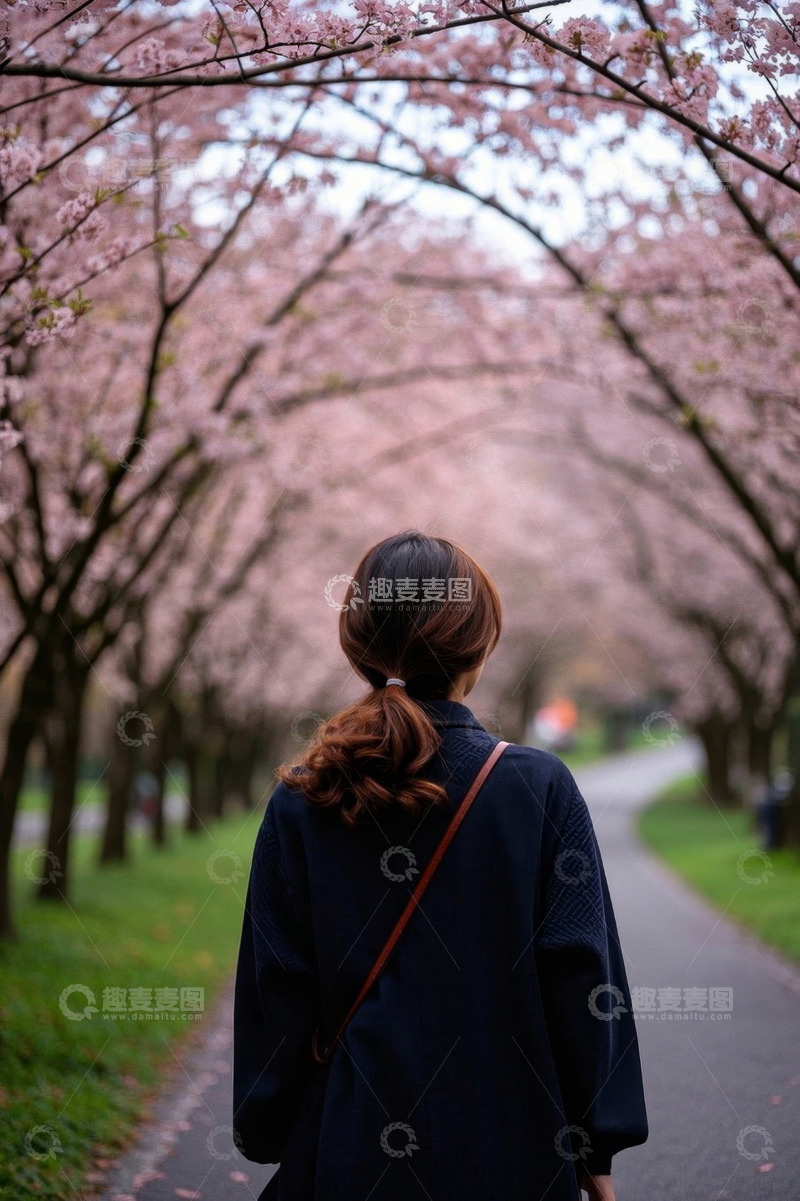 高清大图下载【趣麦麦图】樱花树下女子背影写真