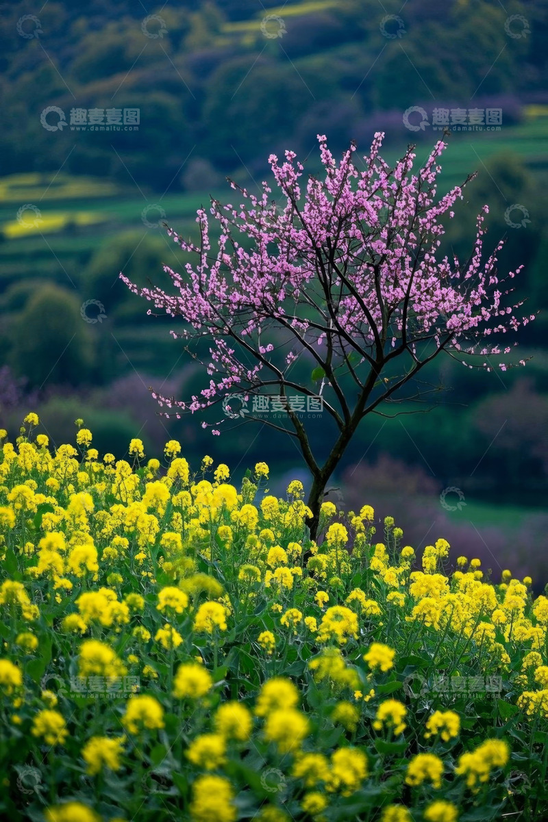 高清大图下载【趣麦麦图】油菜花田中盛开的粉色花树