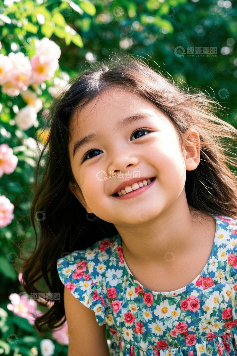 高清大图下载【趣麦麦图】可爱女孩在花丛中甜美微笑
