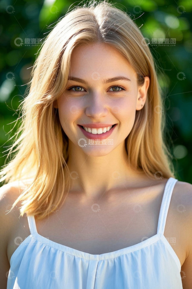 高清大图下载【趣麦麦图】阳光下笑容甜美的金发女子