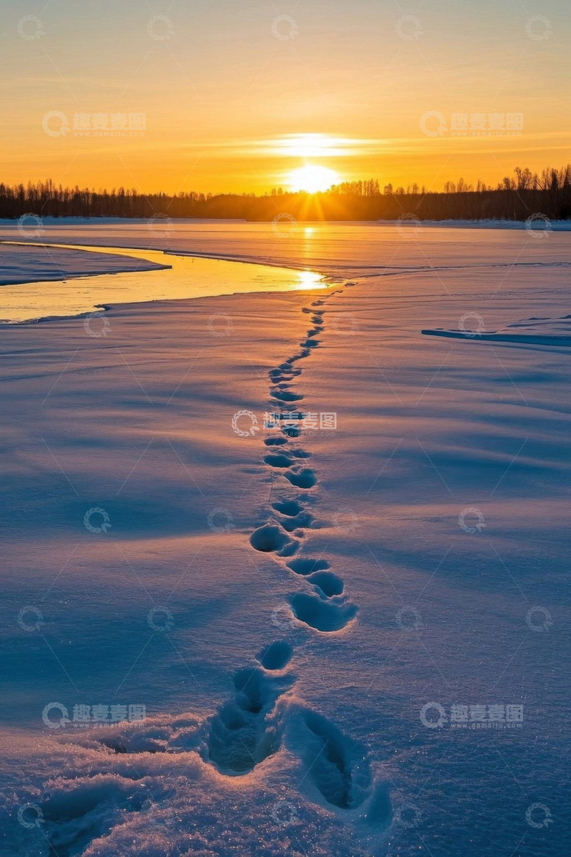 高清大图下载【趣麦麦图】雪地足迹与落日自然风光