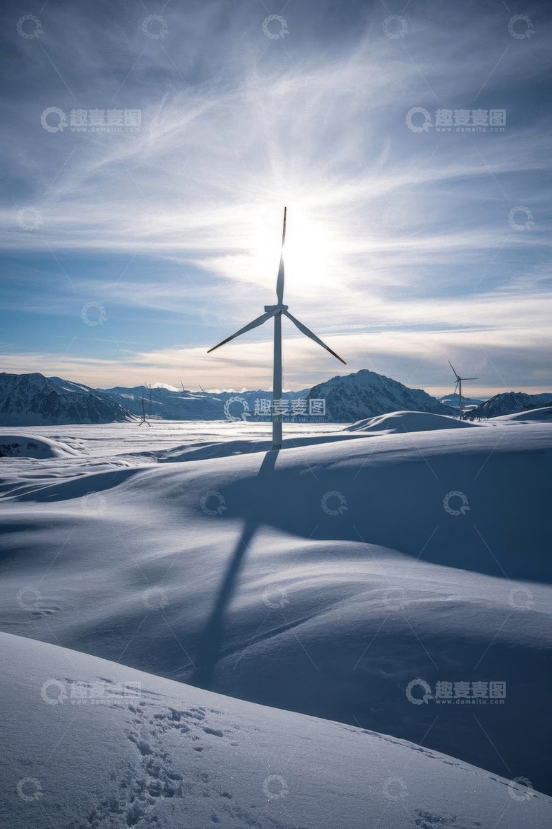 高清大图下载【趣麦麦图】雪地中的风力发电机景观