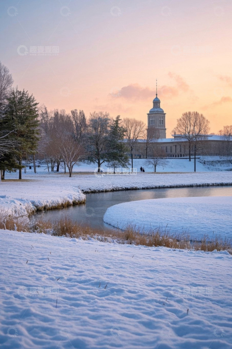高清大图下载【趣麦麦图】雪后公园与远处钟楼景观