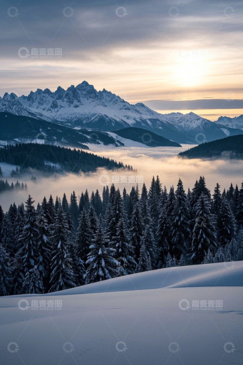 高清大图下载【趣麦麦图】雪覆山林间的壮丽山脉景色