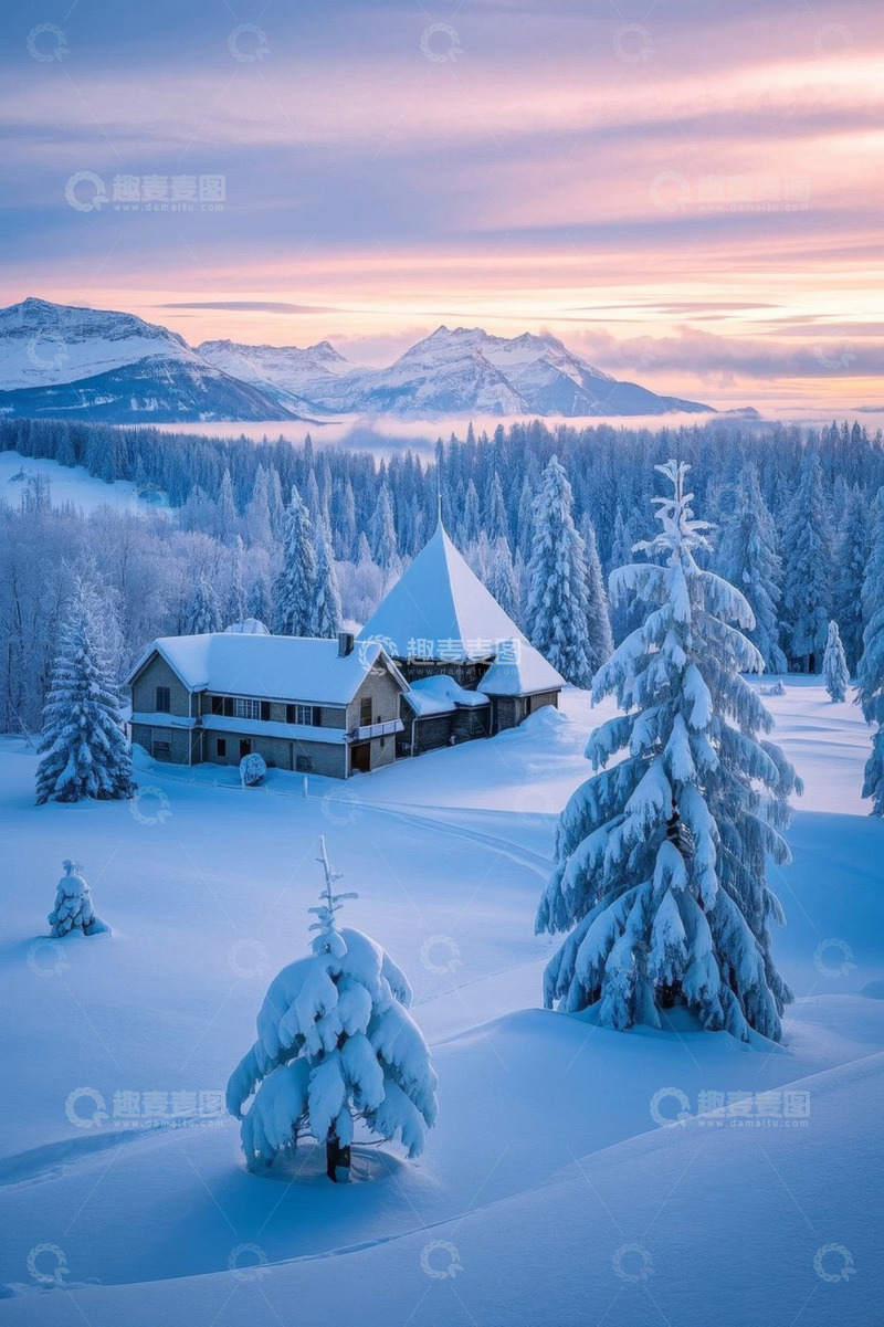 高清大图下载【趣麦麦图】雪中山林旁的房屋景象